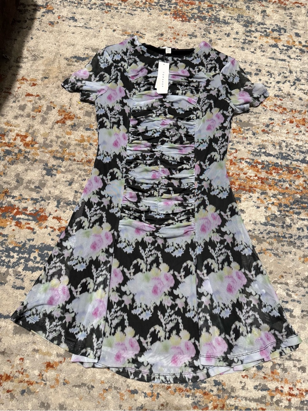 Topshop Black Floral Ruched Midi Dress